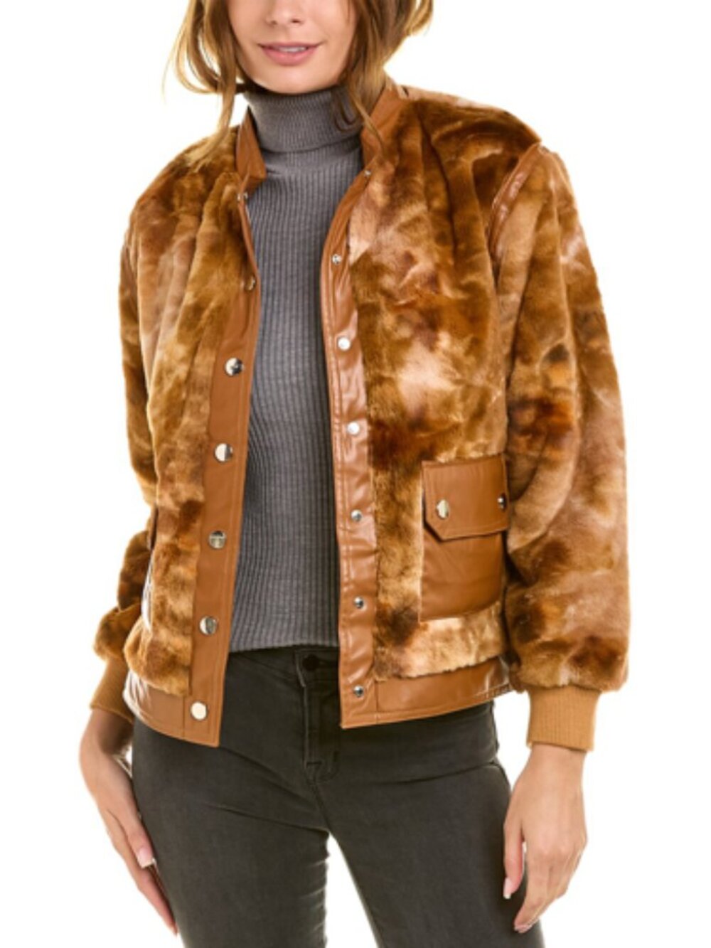 La Fiorentina Plush Faux Fur Bomber Jacket - Camel/ Brown OS